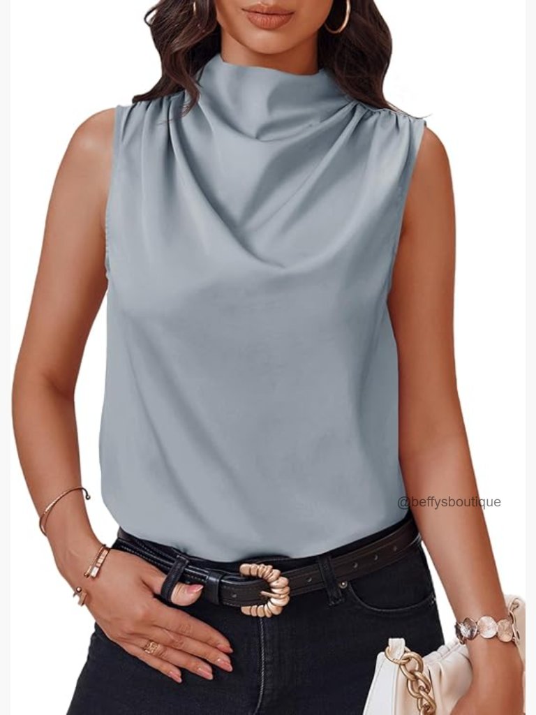 Mock Neck Satin Tank Top Ruched Blouse Business Casual Work Top